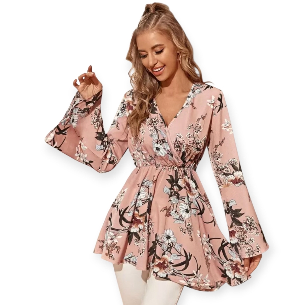 Shein Pink Floral Printed Chiffon Assymetrical Peplum Top
